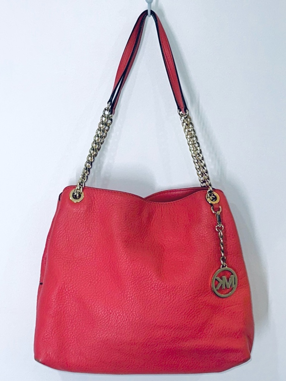 Michael Kors Coral-Red Pebbled Leather Gold Chain Shoulder Bag MK Logo